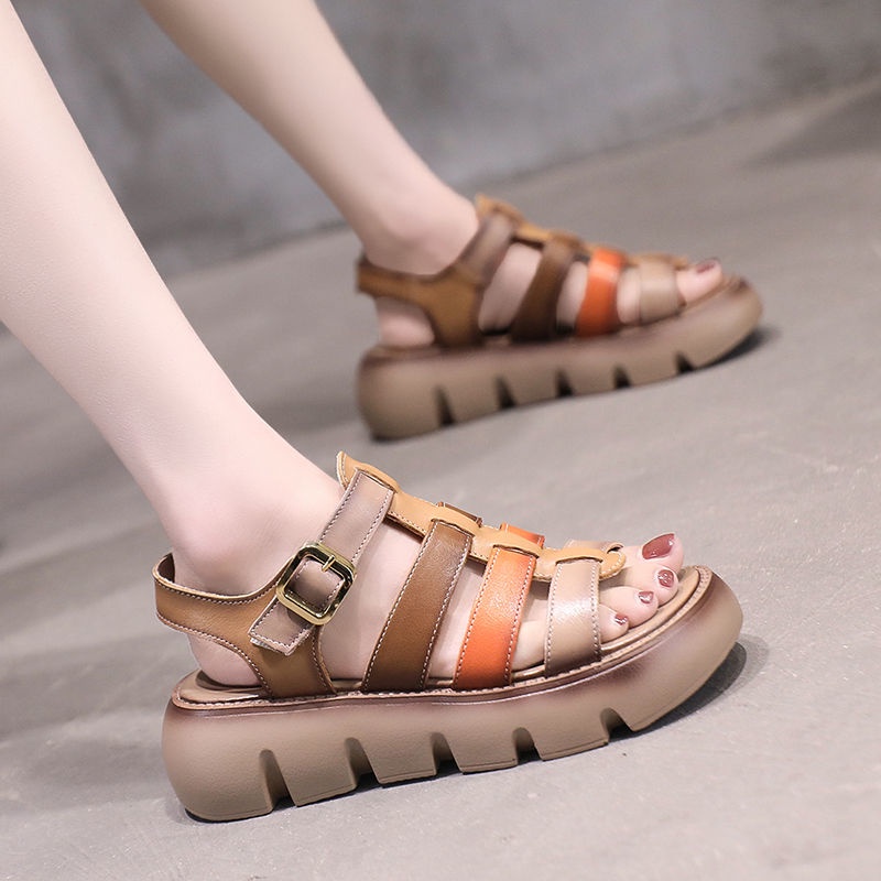 Giày Sandal Da Thật Đế Xuồng Dày Thời Trang Âu Mỹ Mùa Hè