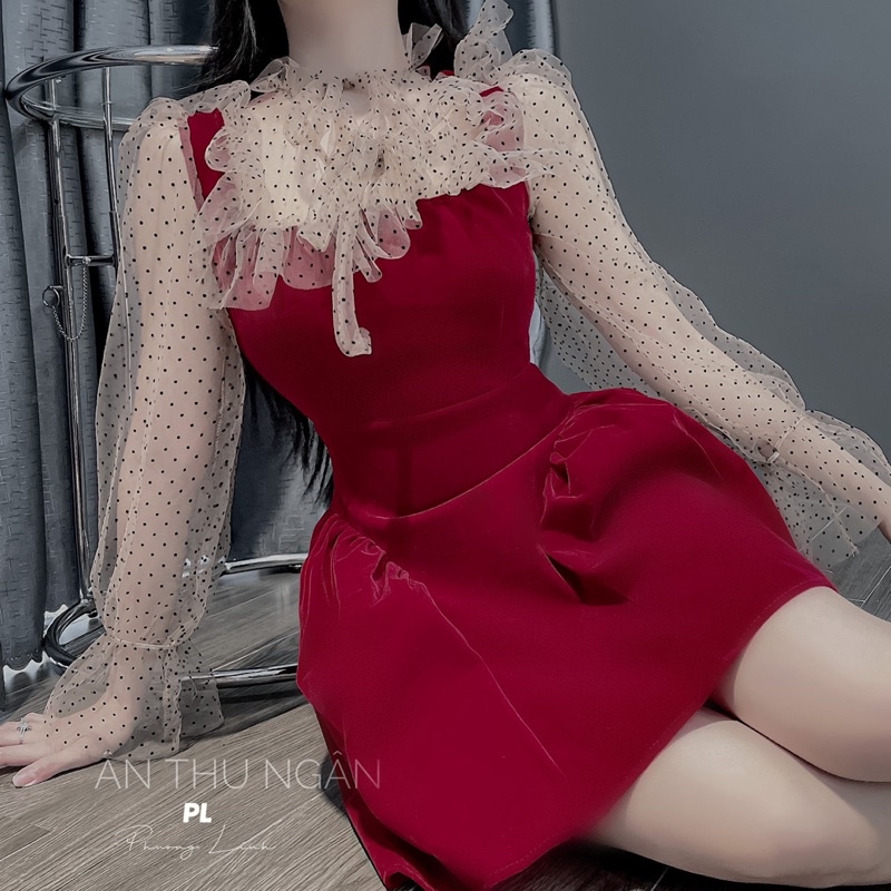 Váy nhung phối ren chấm bi