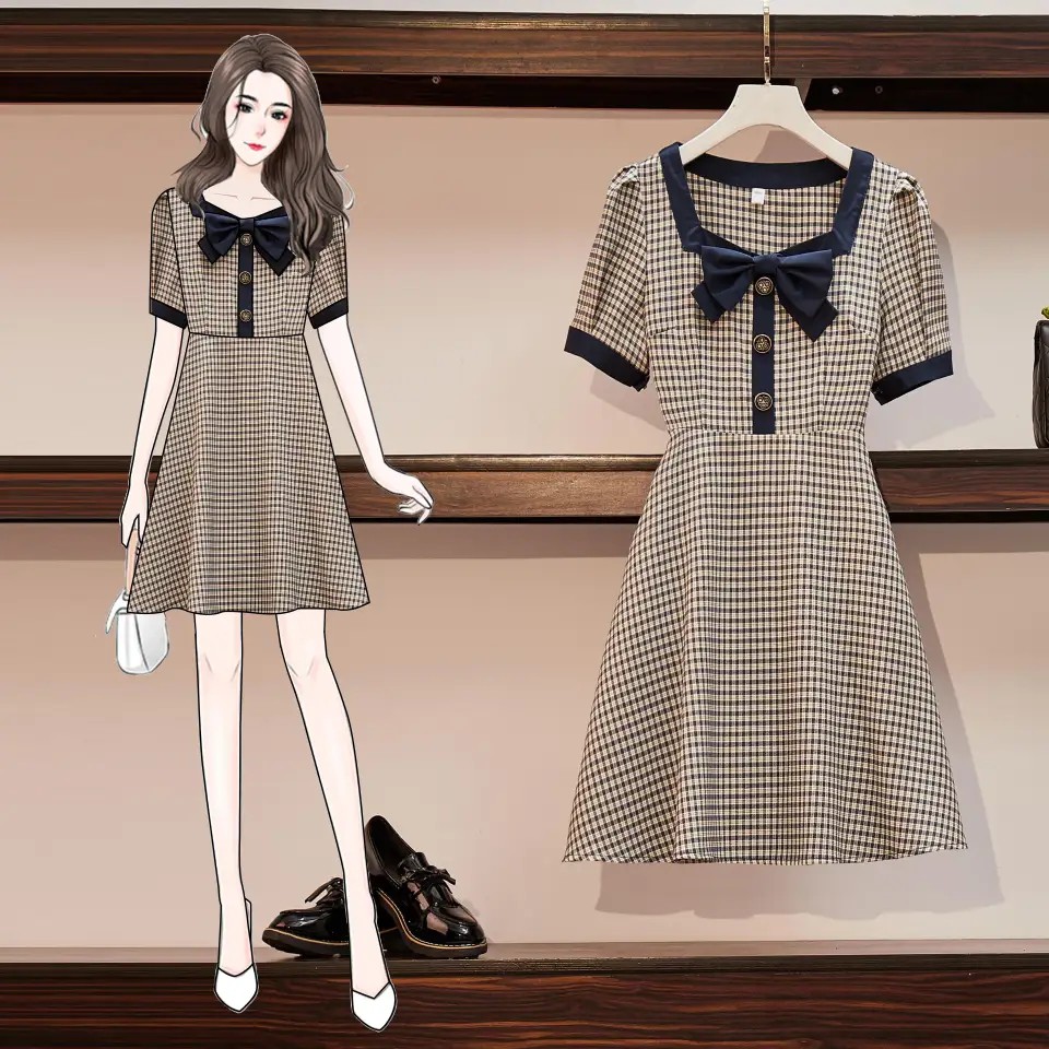 🌸Hàng Order(Sẵn XL)🌸 Váy Kẻ Bigsize Đính Nơ Phối Cúc Ngọc Tiểu Thư Dịu Dàng🌸Hàng Quảng Châu