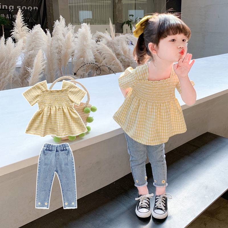 Bộ Áo Sơ Mi Dài Tới Mắt Cá Phối Quần Jean Dài Kiểu Phương Tây Thời Trang Mùa Hè Cho Bé Gái