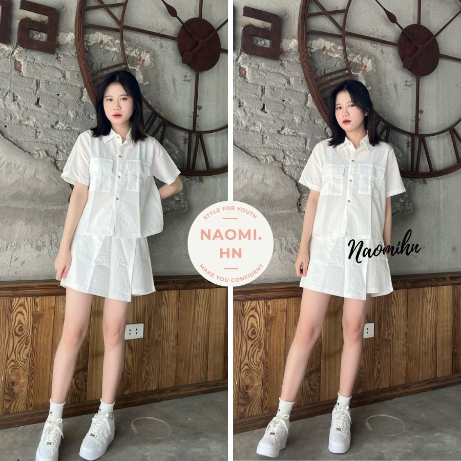 Set đồ nữ sơ mi cộc tay túi ngực form croptop kèm quần giả váy ngắn vạt lệch chất đũi siêu thích. Set basic nhiều màu