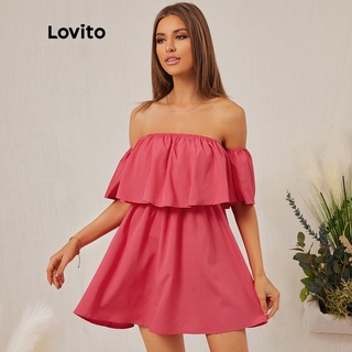 Đầm Lovito tay rũ trễ vai màu trơn thời trang mùa hè thường ngày L18D033 (Màu đỏ)