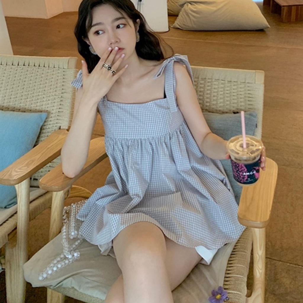 Set áo babydoll hai dây thắt nơ kẻ xanh và quần short / Set đồ ulzzang xinh freesize - Có ảnh feedback