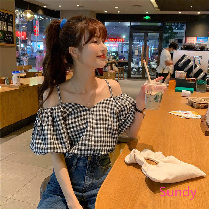 Áo Trễ Vai Tay Phồng Họa Tiết Ca Rô Phong Cách Hàn Quốc Cho Nữ