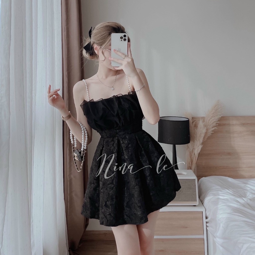 Đầm váy nữ dây cườm họa tiết hở lưng quyến rũ có mút ngực gấm xòe 2 màu giản đơn hot trend DDS53