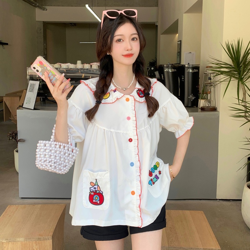 【ZHELIHANGFEI】Áo Sơ Mi Tay Phồng Cổ Búp Bê Thêu Họa Tiết Ngọt Ngào Dễ Phối Đồ