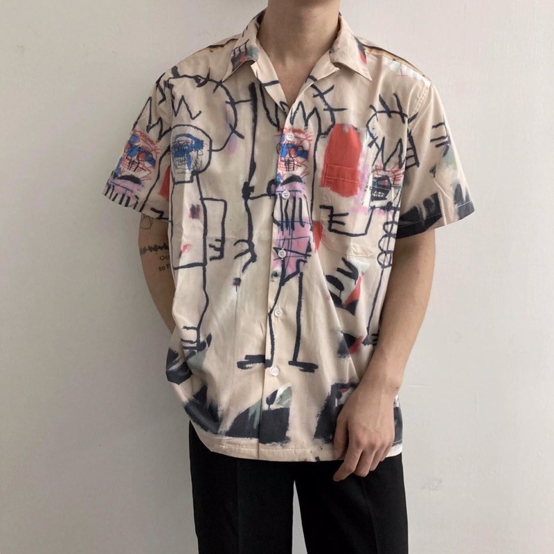 Áo sơ mi unisex màu be hoạ tiết nét vẽ hoạt hình (ảnh thật)