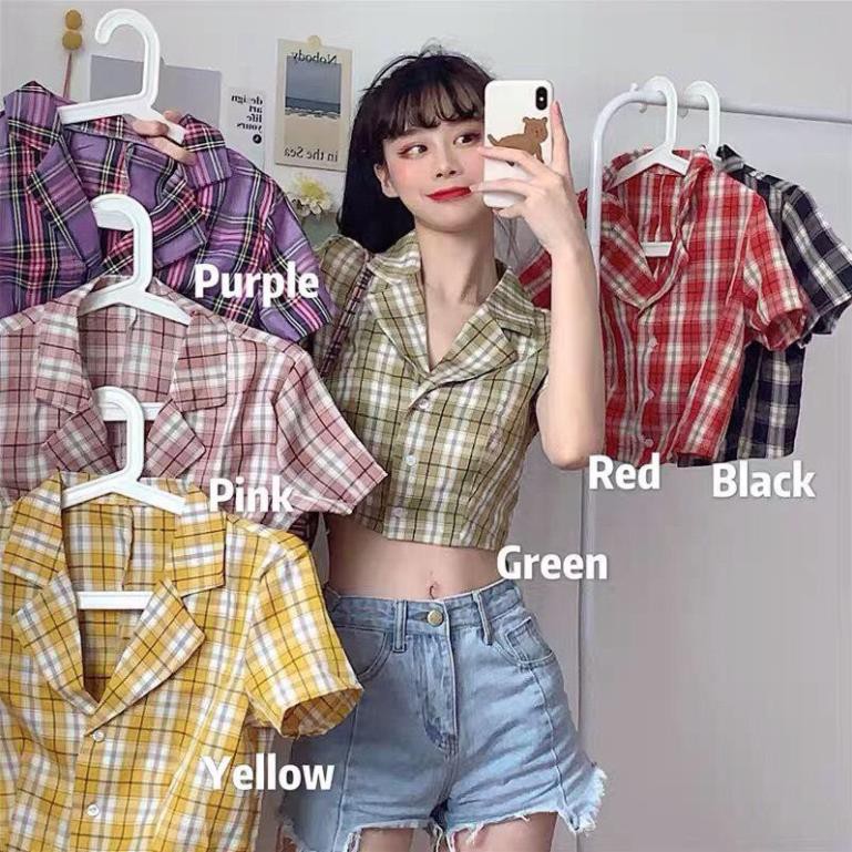 ÁO SƠ MI CROPTOP TAY NGẮN KẺ SỌC CARO THỜI TRANG CHO NỮ - CROPTOP CARO KẺ TÍM ĐEN ĐỎ HỒNG VÀNG XANH  ྇