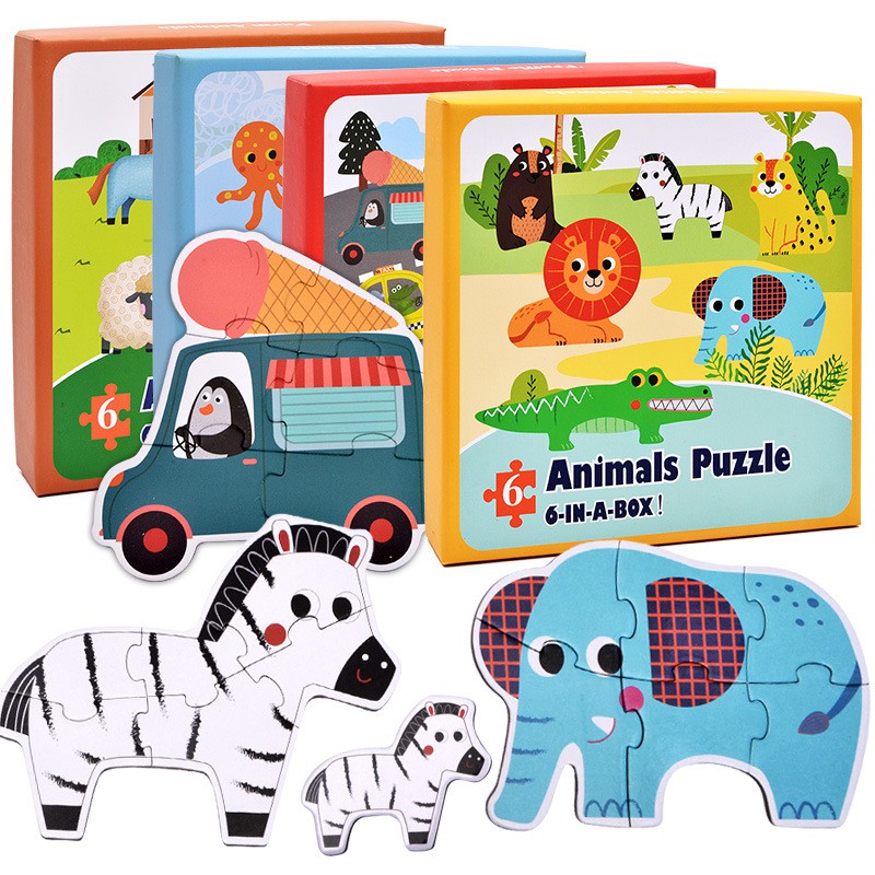 Đồ chơi bộ xếp hình 6 hình Puzzle size to, hộp giấy chọn chủ đề cho bé