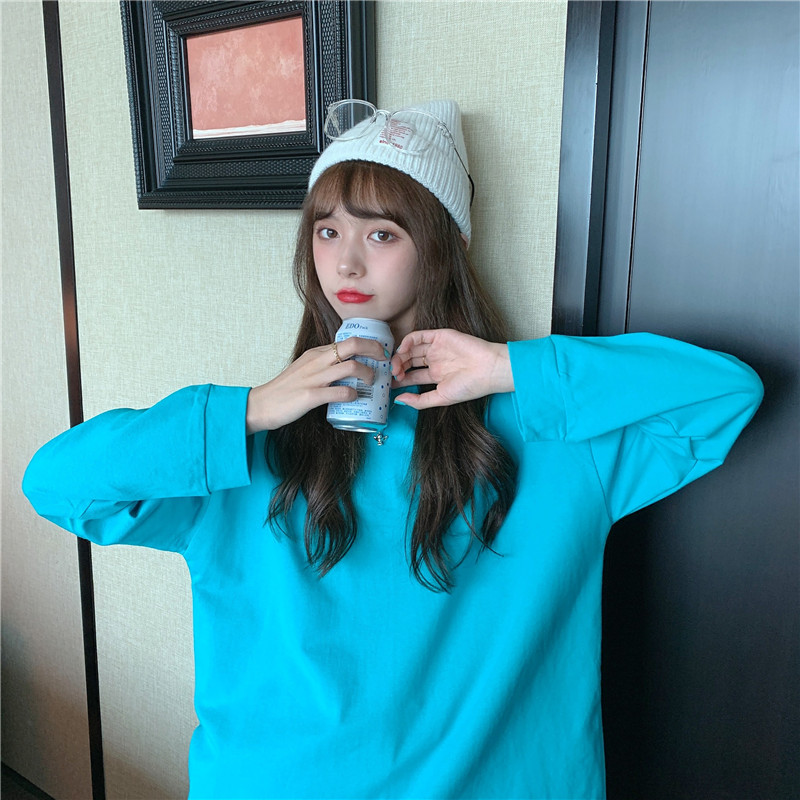 SUXI Áo Thun Tay Dài Màu Trơn Dáng Rộng Phong Cách Hàn Quốc