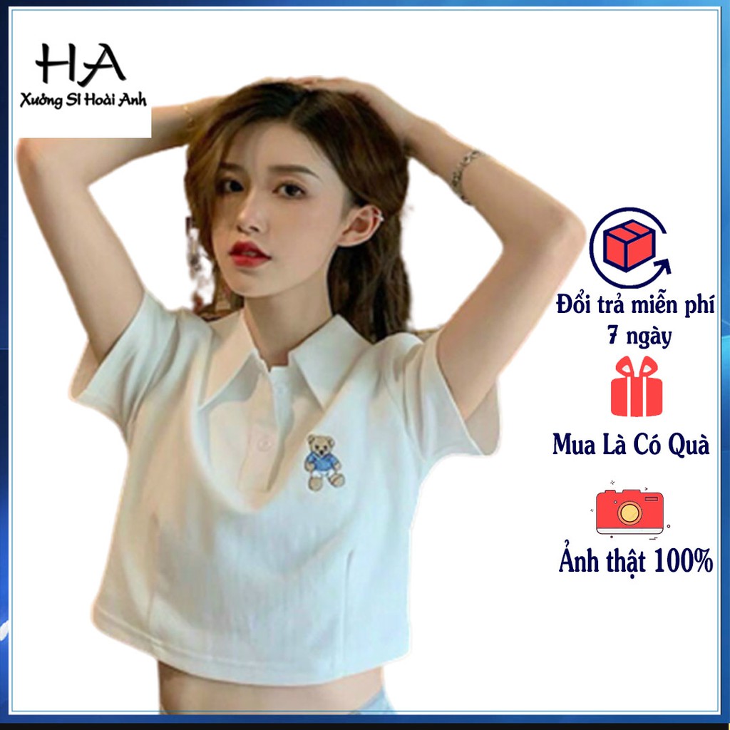 Áo kiểu croptop cổ trụ thêu gấu, Áo croptop nữ Polo chất thun borip mềm mại