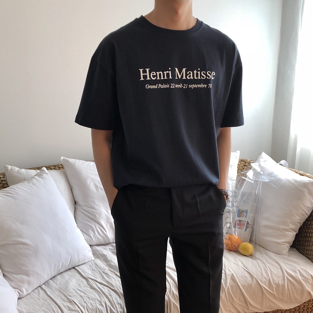 RYAN - Áo thun nam HENRI đen ngắn tay vải cotton cổ bo tròn thương hiệu RYAN form rộng phong cách Hàn Quốc