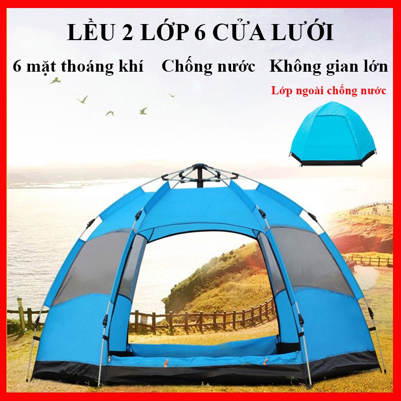 Lều cắm trại tự bung 4-6 người lục giác 2 lớp chống mưa nắng, chống muỗi và tia cực tím an toàn cho cả gia đình bạn