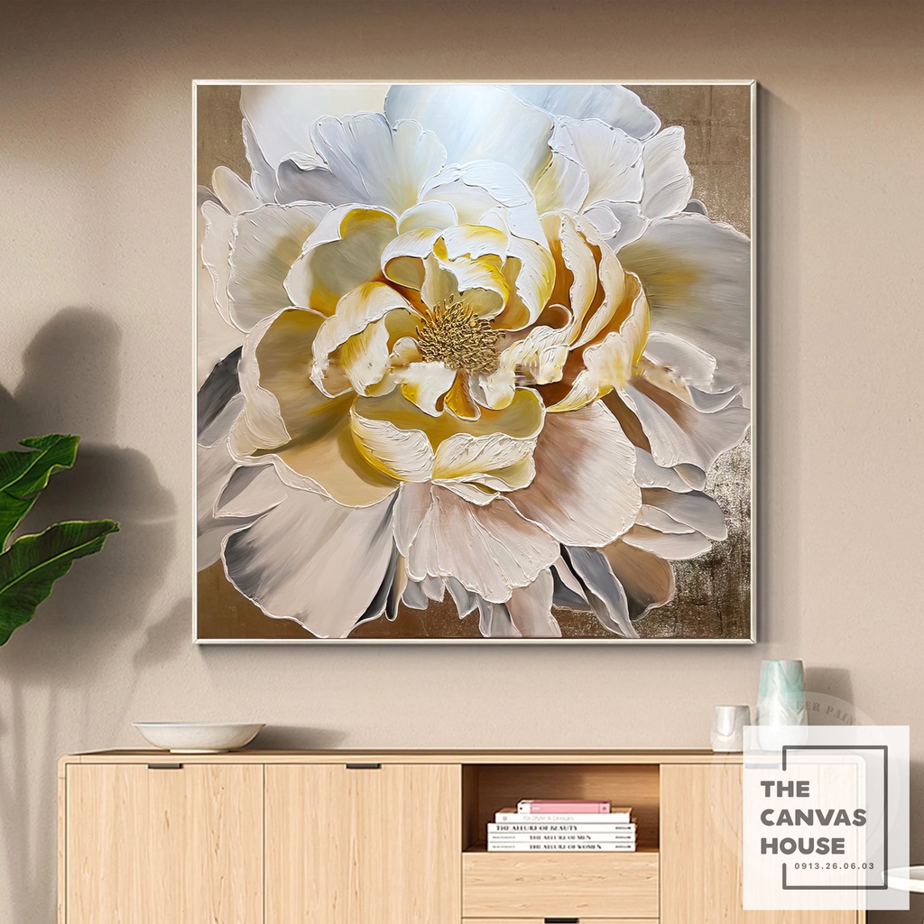 Tranh Canvas Hoa Mẫu Đơn Trắng (Hình thật tại xưởng - Kèm khung, móc, đinh treo) - The Canvas House