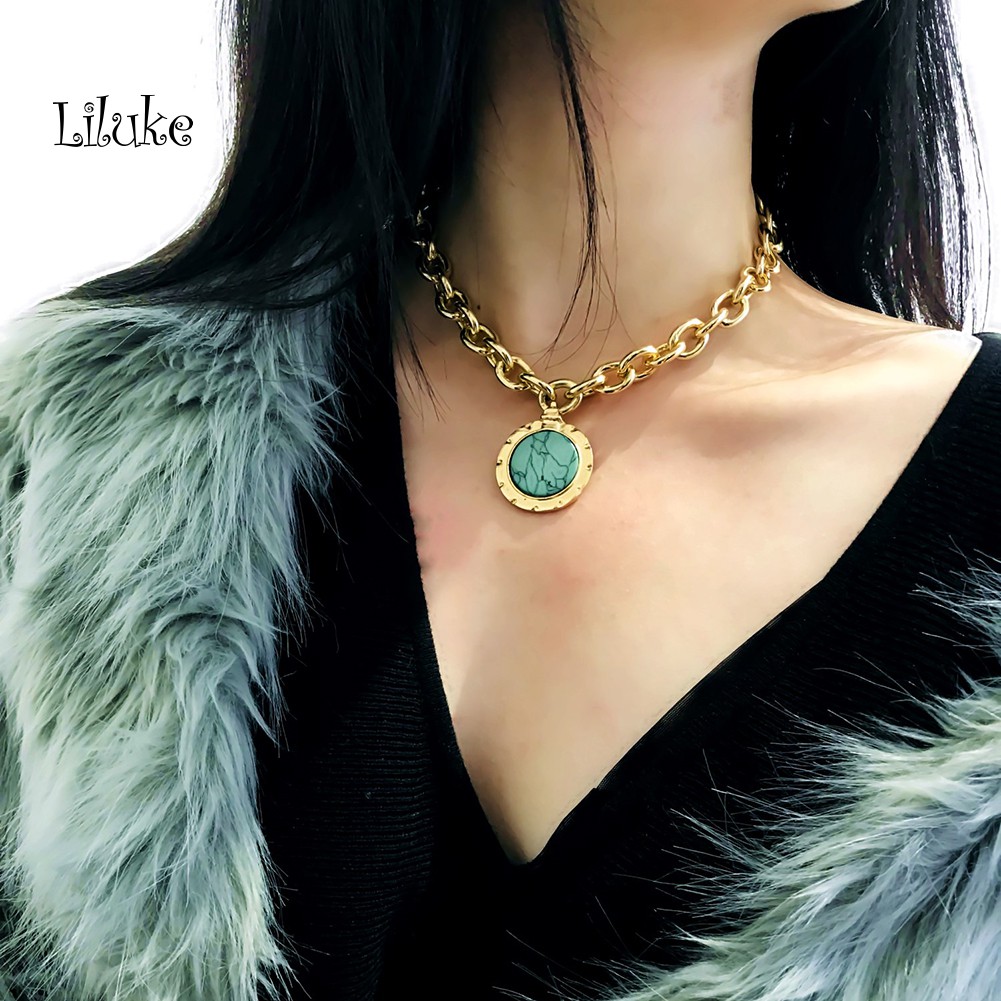 Dây Chuyền Hợp Kim Trang Trí Mặt Tròn Đính Ngọc Lam Giả Xinh Xắn Cho Nữ