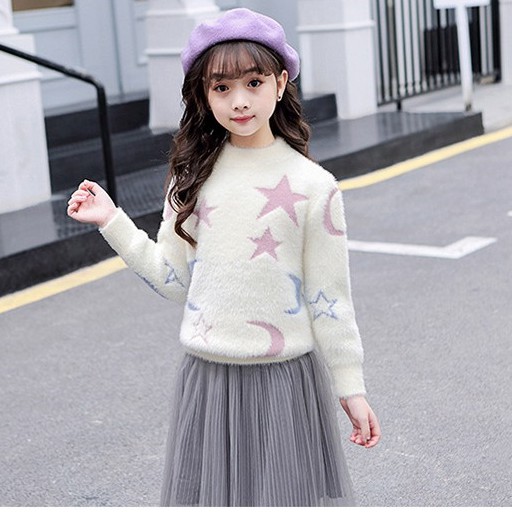 Áo len bé gái lớn size 16-45kg chất lông siêu mềm mịn họa tiết trăng sao siêu xinh [AL14]