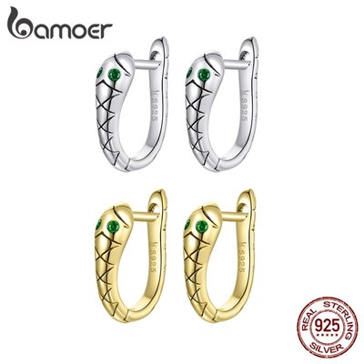 Bamoer Bông Tai Bạc 925 Hình Rắn Đính Đá cz Màu Xanh Lá Cây sce1104
