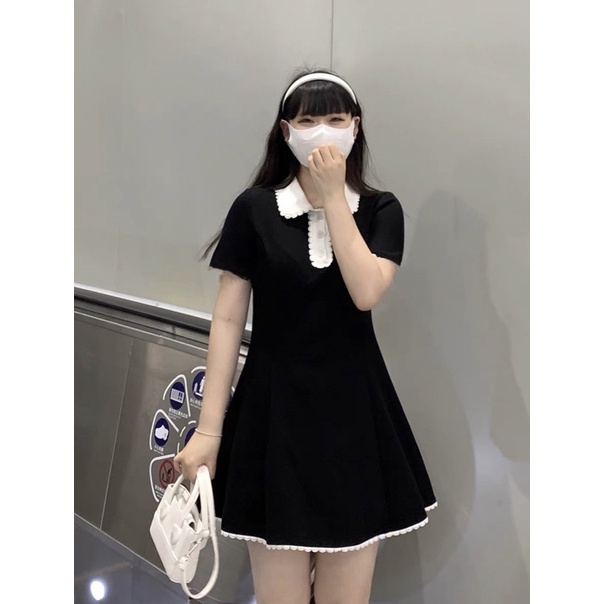 Đầm POLO váy POLO nữ BIGSIZE 100% COTTON (55-80kg) đen phối cổ ren trắng form chữ A VAA04- [LALA Bigsize]