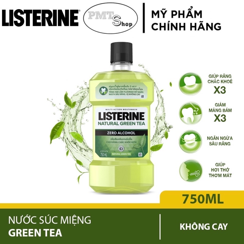 Nước súc miệng ngừa sâu răng Listerine Zero Alcohol Trà Xanh 750ml vị không cay