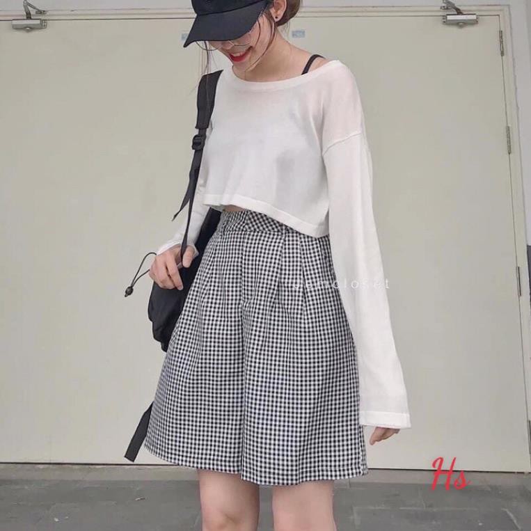 freeship Bộ Áo Croptop Quần Sooc Kẻ , Set Áo Crt Dài Tay Quần Đùi Ống Rộng B024 | BigBuy360 - bigbuy360.vn