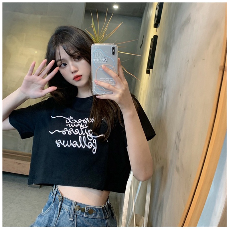 Áo Thun Croptop Ngắn Tay Cổ Tròn Thêu Chữ Phong Cách Hàn Quốc Thời Trang Cho Nữ