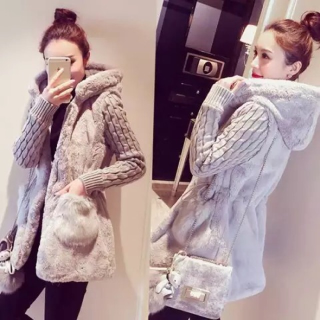 Áo khoác len nữ túi lông