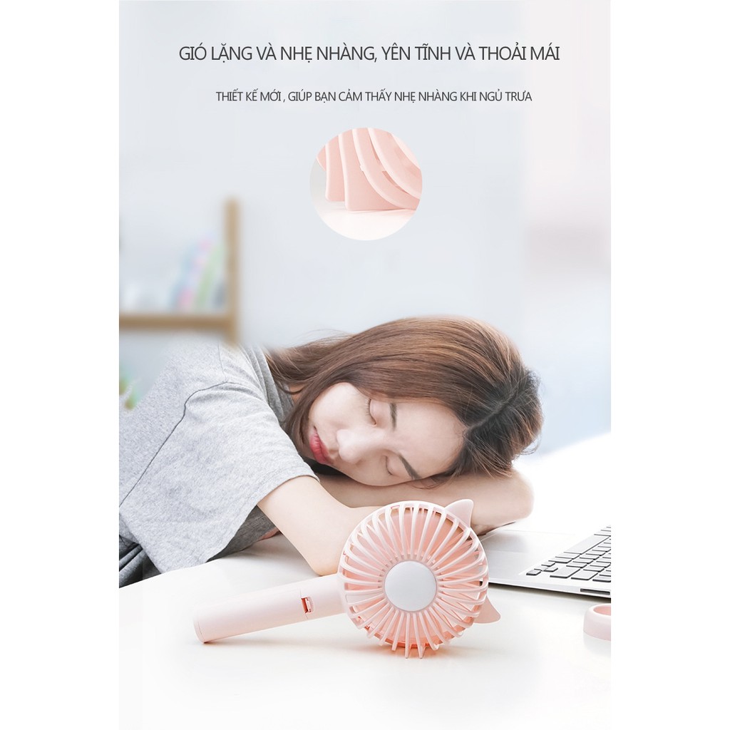 Quạt Sạc Mini Tích Điện Cầm Tay Có Đèn &amp; Đế Để Điện Thoại Tai Mèo N10 Handy Fan 3In1