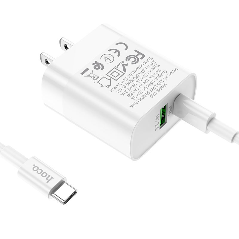 Bộ sạc nhanh Hoco C80 20W có 2 cổng USB PD 20W QC 3.0, dây TypeC to TypeC dành cho Android: Samsung, Oppo, Huawei...