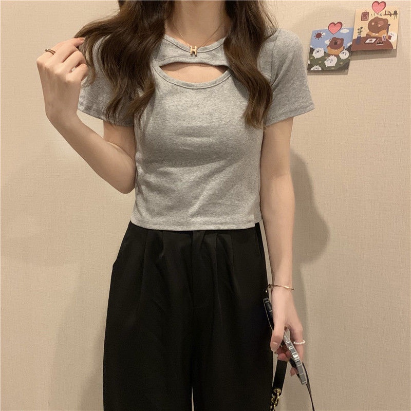 B&amp;G Áo Thun Tay Ngắn Màu Trắng Thiết Kế Khoét Lỗ Độc Đáo Thời Trang 2022 Áo phông Nữ JL-TX-159