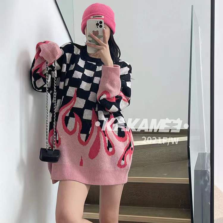 Áo sweater Dệt Kim Dáng Rộng In Hình Ngọn Lửa Phong Cách Hàn Quốc Thời Trang Thu Đông Cho Học Sinh