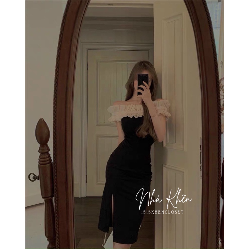 Đầm body bẹt vai phối lưới nude