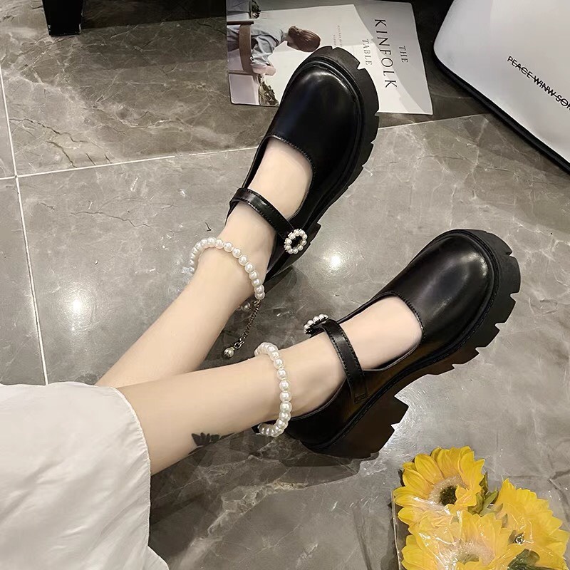 Giày búp bê nữ đế cao 5p gót vuông chất da bóng, Giày oxford nữ mũi tròn quai đính ngọc chất da bóng/ lì hottrend