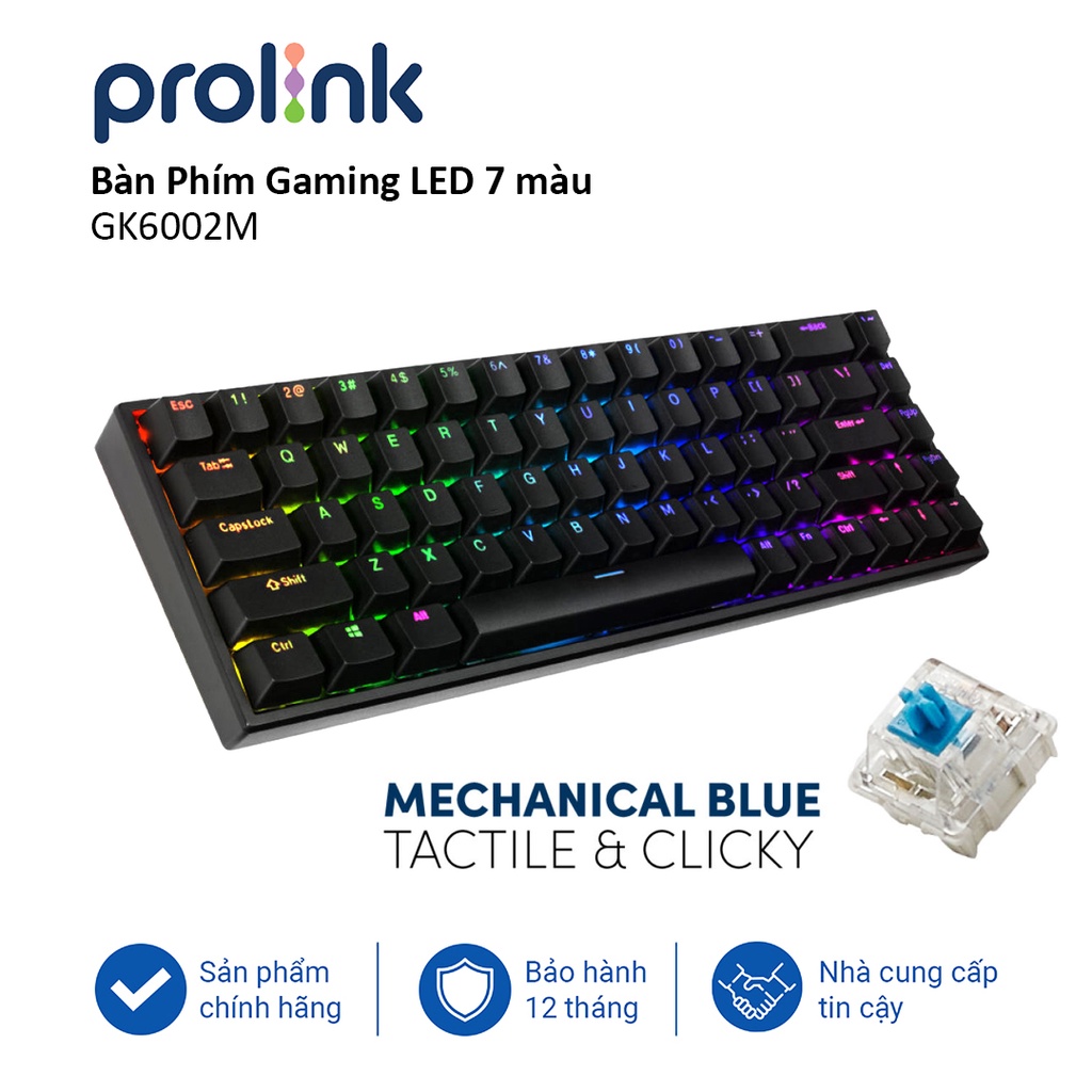 Bàn phím Gaming giả cơ PROLiNK GK6002M có LED 7 màu, độ nhạy cao, dễ vận chuyển chuyên chơi game Esport
