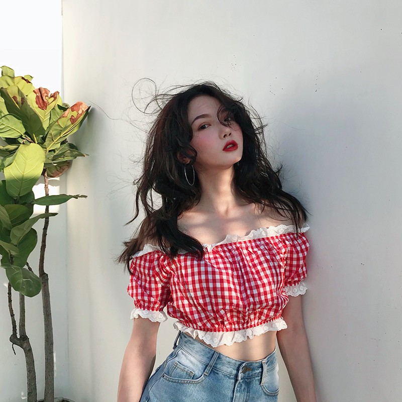 ÁO ULZZANG ÁO CROPTOP TRỄ VAI SỌC CARO HÀN QUỐC