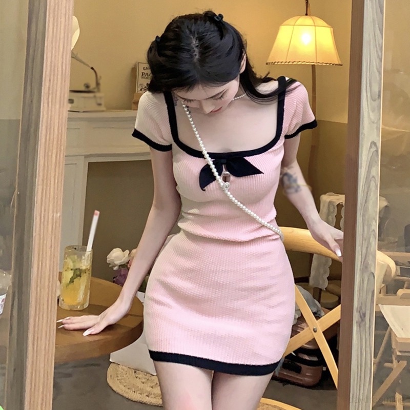 Đầm Tay Ngắn Cổ Vuông Màu Sắc Tương Phản Thiết Kế Mỏng Cao Cấp Thời Trang Dành Cho Nữ