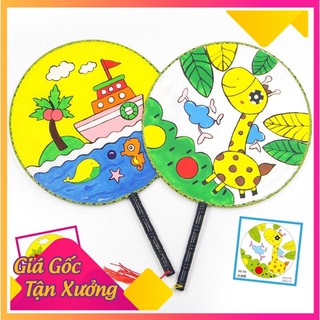 Quạt vải lụa tròn có in hình 24 cm cho bé tô màu, quạt tròn - mộc xinh