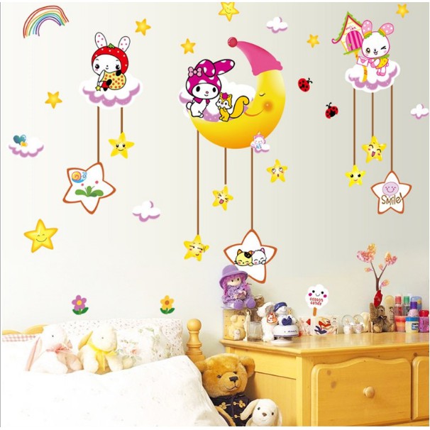 Decal trang trí tường - Thỏ Trắng đáng yêu vui chơi cùng Trăng Sao