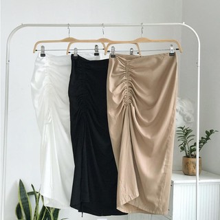 Chân váy midi rút dây xẻ trước💖 Chân váy xẻ tà dáng dài chất satin V956