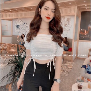 Chuẩn Áo bẹt vai voan croptop rút dây eo_áo trễ vai hàng chọn