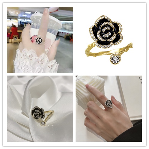 Nhẫn Hở Hình Hoa Trà Đen Tráng Men Đính Đá Phong Cách Retro Thanh Lịch Cho Nữ
