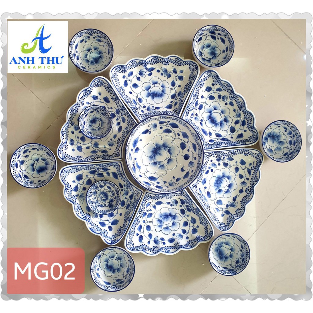 Bộ bát đĩa hoa mặt trời men gốm vẽ hoa màu xanh lam tràm Bát Tràng set bát đĩa hàng chuẩn loại 1 decor bàn ăn dễ thương