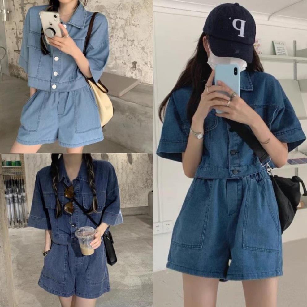 Sét áo bò croptop kèm quần short cạp chun- sơ mi jean ngắn tay lỡ 2 màu xanh đậm nhạt phong cách ulzzang hàn quốc ! ~