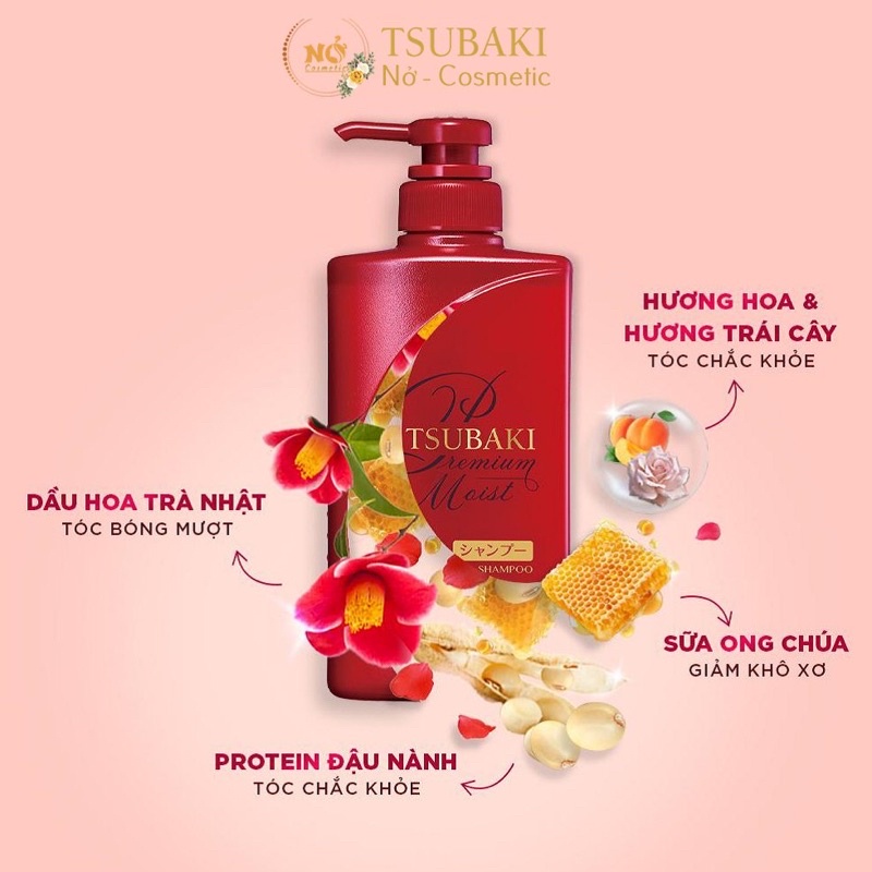 Bộ sản phẩm Gội Xả - Dầu Gội TSUBAKI Đỏ Dưỡng tóc bóng mượt Premium Moist Tsubaki (490ml/chai) Nở cosmetic