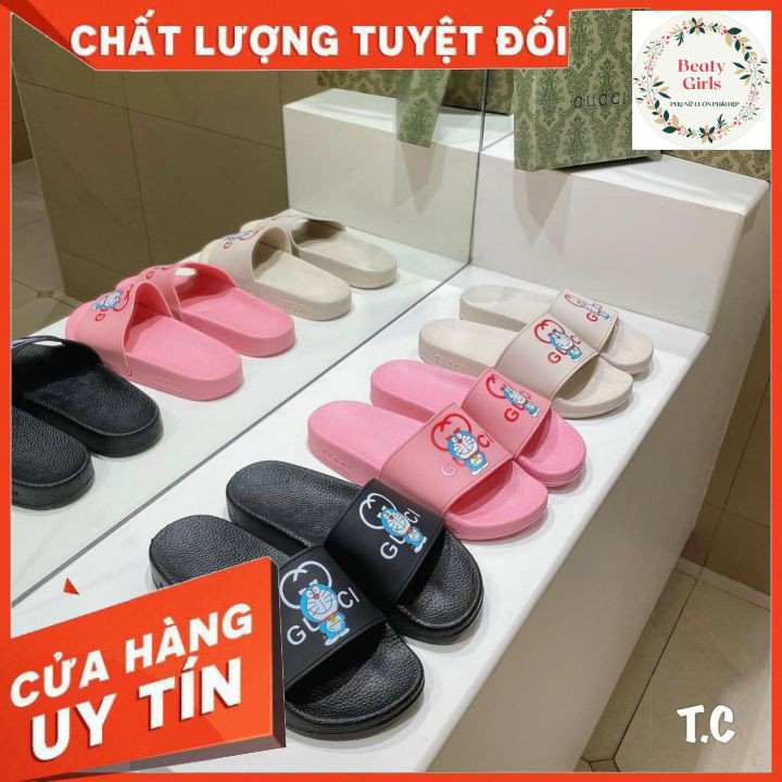 Dép thời trang nam nữ Gucci GG quai ngang da thật cao cấp in hình logo GC và Doraemon