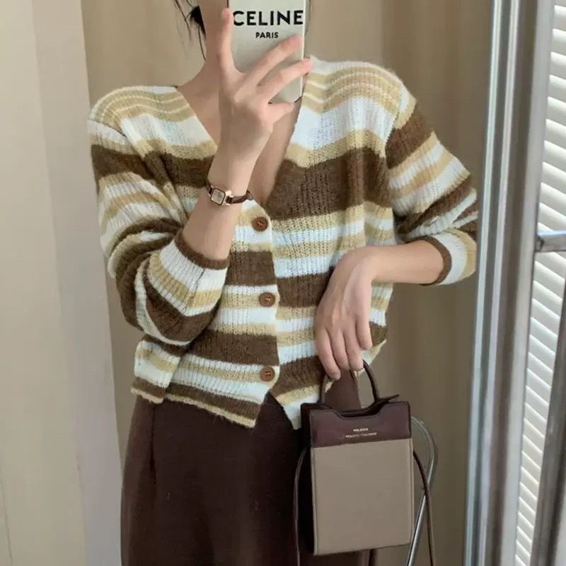 Áo Khoác Cardigan Dệt Kim Cổ Chữ V Họa Tiết Kẻ Sọc Thời Trang Mùa Thu 2022 Mới Cho Nữ