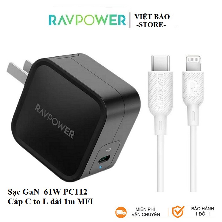 Combo Sạc Nhanh Cho iphone 12 RAVPower Củ GaN 61w PC112 kèm Cáp Type-C to Lightning CB054 có MFI ( BH 12 tháng )