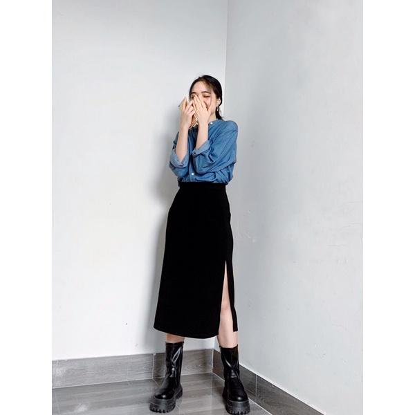 Chân váy midi đen xẻ tà 14THANG2STUDIO