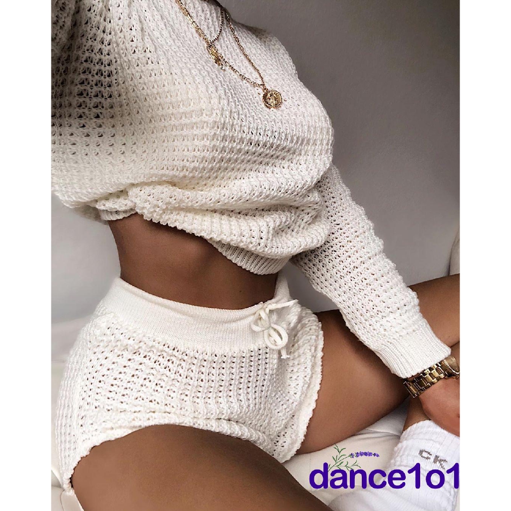 Bộ trang phục áo len giản dị dáng ngắn và quần short cạp cao thời trang cho nữ