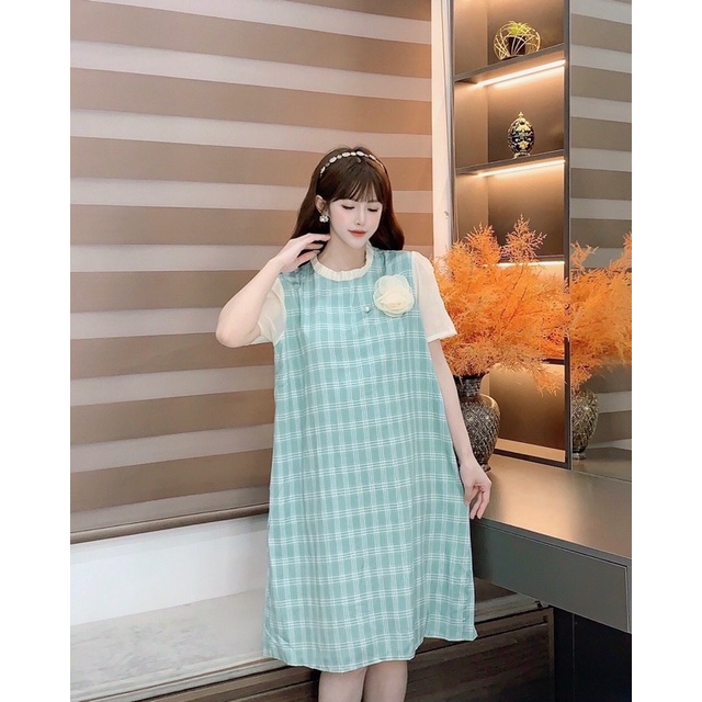 Váy bầu thời trang thiết kế MAMADRESS chất đũi lụa có HOA NGỰC mềm mại, nhẹ nhàng và mát V14