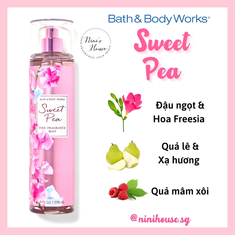 [Hàng Mỹ] Xịt thơm toàn thân body mist Bath and Body Works mùi Sweet Pea 236ml